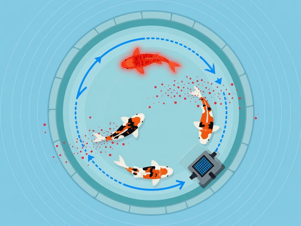 Flat design illustration showing how fin rot bacteria spread through a koi pond from infected to healthy fish