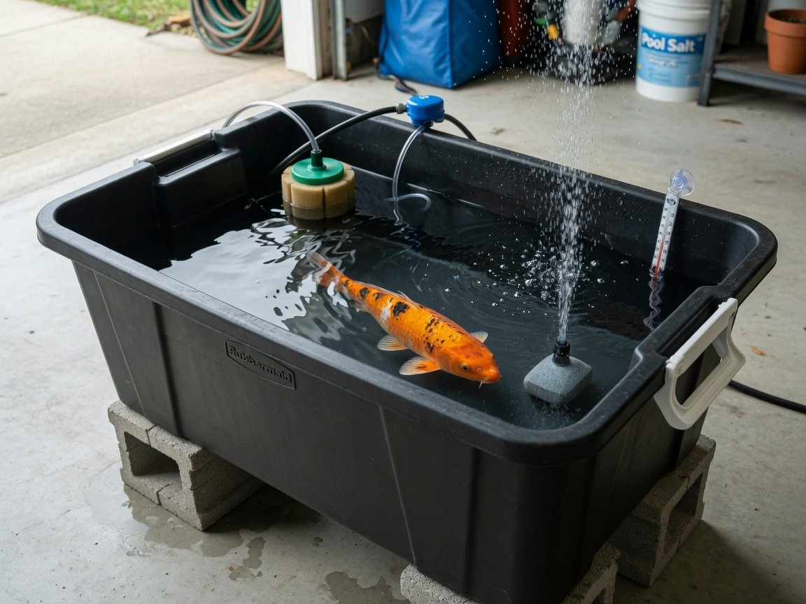 Koi quarantine hospital tank setup with air stone, sponge filter and a single koi fish inside